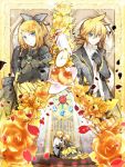 blonde_hair blue_eyes bow brother_and_sister dress flower hair_bow hair_flower hair_ornament hair_ribbon hairclip haru_aki kagamine_len kagamine_rin pocket_watch regret_message_(vocaloid) ribbon rose siblings smile twins vocaloid watch yellow_rose 