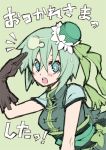 bow gloves green green_eyes green_hair leaning_forward mini_hat morino_hon open_mouth original salute simple_background sketch symbol-shaped_pupils teeth tiny_hat 