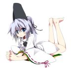  barefoot blue_eyes blush_stickers bottomless hands_clasped hands_together hat japanese_clothes kariginu legs_up lowres lying mononobe_no_futo no_pants on_stomach ponytail silver_hair simple_background smile solo tate_eboshi tomato_kandume touhou 