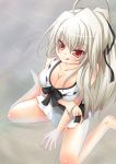  bikini bikini_skirt blush body_blush breasts cleavage frilled_bikini frills front-tie_top large_breasts long_hair nekono original partially_submerged ponytail red_eyes sitting submerged swimsuit tongue tsurime wariza water white_hair 