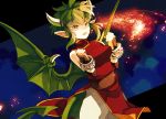 1girl belt china_dress chinese_clothes clenched_hand draco_centauros gloves green_hair horns kokuzu pants pointy_ears puyopuyo short_hair solo tail wings yellow_eyes