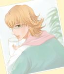  bad_id barnaby_brooks_jr blonde_hair cup glasses green_eyes male milk photo_(object) plant solo tiger_&amp;_bunny towel zaberou 