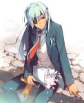  dark_skin eyepatch flower formal inazuma_eleven inazuma_eleven_(series) inazuma_eleven_go long_hair male necktie sakuma_jirou silver_hair smile suit tousaki_umiko 