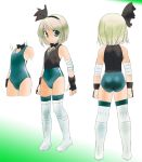  adapted_costume ass back boots dei_shirou fingerless_gloves gloves green_eyes green_hair hairband konpaku_youmu leotard ribbon short_hair silver_hair smile solo standing thighhighs touhou vest wrestling_outfit 