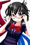  adjusting_glasses ahoge arms_up asymmetrical_wings bespectacled black_hair blush brown_eyes bust dress glasses highres houjuu_nue ishikkoro open_mouth red-framed_glasses short_hair smile solo touhou wings 