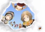  acorn blonde_hair blue_eyes blush brown_eyes brown_hair character_request cloud copyright_request green_hair grey_eyes hair_ornament hairclip hoodie long_hair looking_at_viewer looking_down mirror_writing multiple_girls otoufu short_hair sky smile twintails 