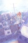  building ciev city cityscape flood foreshortening from_above green_eyes highres hoodie original pants pink_hair purse rooftop satellite_dish scenery sky solo standing water 