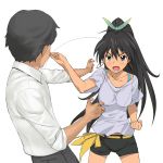  a1 antenna_hair black_hair blue_eyes blush bow clenched_hand earrings fighting fist ganaha_hibiki hair_bow highres idolmaster jewelry long_hair martial_arts open_mouth ponytail shorts simple_background solo very_long_hair 