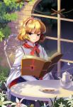  alice_margatroid blonde_hair blue_eyes capelet chair cookie flower food hairband nature outdoors puppet_string puppet_strings short_hair sitting smile solo string teapot touhou yadamon_(neverland) 