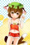  alternate_costume animal_ears bare_shoulders blush brown_eyes brown_hair camisole cat_ears cat_tail chen earrings hat jewelry midriff multiple_tails navel off_shoulder short_hair shorts smile solo strap_slip tail takamoto_akisa touhou 