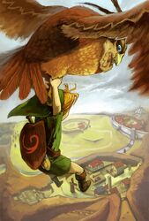  1boy bird blonde_hair boots castle day flying highres inumura_(inu_noya) kaepora_gaebora landscape link owl shield sky sword the_legend_of_zelda the_legend_of_zelda:_ocarina_of_time weapon young_link 