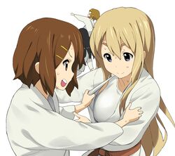  a1 akiyama_mio belt black_hair blonde blonde_hair blue_eyes brown_eyes brown_hair closed_eyes dougi eyebrows eyes_closed hair_ornament hairband hairclip high_res highres hirasawa_yui initial-g judo k-on! kotobuki_tsumugi long_hair multiple_girls open_mouth profile punching short_hair simple_background smile sweat tainaka_ritsu 