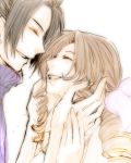  1girl aerith_gainsborough black_hair braid brown_hair closed_eyes couple eyes_closed face-to-face face_to_face final_fantasy final_fantasy_vii hair_ribbon hand_on_face hands_on_another's_face happy long_hair miho00 ponytail ribbon simple_background smile turtleneck zack_fair 