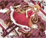  alice_in_wonderland bad_id bow brown_hair chocolate chocolate_cake dress dutch_angle hair_bow long_hair mary_janes neck_ribbon pantyhose red_eyes ribbon shoes solo tapa very_long_hair 