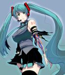  android aqua_hair bad_id cable detached_sleeves green_eyes hatsune_miku headset long_hair masao necktie skirt solo tears thigh-highs thighhighs torn_clothes twintails very_long_hair vocaloid wire 