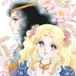  black_hair blonde_hair blue_eyes character_request flower glass_no_kamen hair_flower hair_ornament himekawa_ayumi jewelry kitajima_maya lowres necklace oekaki peony_(flower) profile rose sakai_yume smile tiara 