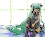  bad_id bare_shoulders blush green_eyes green_hair hatsune_miku leg_hug long_hair necktie sitting solo tatami_(loop) thigh-highs thighhighs very_long_hair vocaloid zettai_ryouiki 