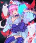  :3 adapted_costume blue_legwear breasts butterfly cleavage fan folding_fan ghost hat highres hitodama japanese_clothes kimono mou_tama open_mouth pink_hair red_eyes saigyouji_yuyuko short_kimono smile solo thigh-highs thighhighs touhou triangular_headpiece 