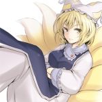  blonde_hair crossed_arms face fox_tail hands_in_sleeves hat k.y_ko lowres multiple_tails short_hair simple_background smirk solo tail touhou yakumo_ran yellow_eyes 