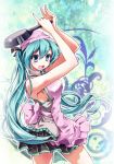  :d absurdres apron aqua_eyes aqua_hair bare_shoulders frying_pan hatsune_miku highres long_hair open_mouth smile solo tatami_(loop) very_long_hair vocaloid 