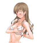  absurdres adjusting_bra bangs blush bra breasts brown_hair bust cleavage closed_eyes collarbone cross eyes_closed face hands highres jewelry lingerie long_hair maria-sama_ga_miteru navel necklace simple_background solo toudou_shimako underwear undressing 