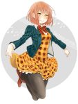  blush bob_cut brown_legwear dress happy highres jumper jumping mary_janes nanami_haruka nemutagari orange_hair pantyhose pantyhosw petticoat plaid plaid_dress red_shoes ribbon school_uniform shoes short_hair smile solo striped striped_ribbon uta_no_prince-sama yellow_eyes 