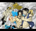  abs bandana bandanna beard black_hair blonde_hair blue_fire blue_flame brothers edward_newgate epaulettes facial_hair fire freckles grin hat jewelry long_coat male marco monkey_d_luffy multiple_boys muscle mustache necklace one_piece portgas_d_ace scar short_hair siblings smile straw_hat wings xla009 