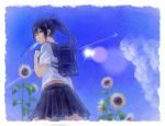  airplane backgrack backpack bag blue_eyes blue_hair chest1023 chesunatto cloud condensation_trail flower original place ponytail popsicle school_uniform skirt solo sunflower sweat 