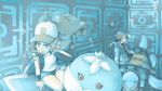  1boy 1girl baseball_cap blue_eyes brown_hair bubble carracosta hat jacket jellicent mayuuuuu no_hat no_headwear pokemon pokemon_(creature) pokemon_(game) pokemon_black_and_white pokemon_bw ruins touko_(pokemon) touya_(pokemon) underwater vest 