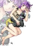  bangs bare_legs bare_shoulders barefoot blush brown_eyes camisole character_request collarbone cuvie eyepatch face feet hands legs nightmare_maker purple_hair rubbing_eyes short_hair solo stuffed_toy toes toy zoom_layer 