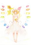  alternate_costume alternate_wings barefoot blonde_hair crystal dress flandre_scarlet flower full_body gem hat kodama_(wa-ka-me) looking_at_viewer red_eyes short_hair side_ponytail simple_background smile solo standing sundress sunflower the_embodiment_of_scarlet_devil touhou traditional_media watercolor_(medium) wings 