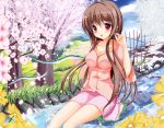  1girl breasts brown_hair cherry_blossoms cleavage long_hair open_mouth original sitting smile solo takataka very_long_hair 