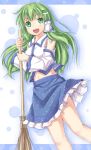  broom green_eyes green_hair kochiya_sanae long_hair navel roshia_nise_mango solo touhou 