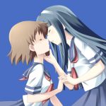  blue_drop closed_eyes eyes_closed hairband katahane kiss long_hair multiple_girls parody rate_rapiku school_uniform senkouji_hagino short_hair simple_background uniform wakatake_mari yuri 