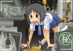  black_eyes black_hair cross-section cross_section footwear hirondo machinery monitor necktie nichijou open_mouth school_uniform shinonome_nano shoes socks solo sweatdrop tears trembling winding_key 