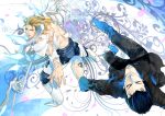  armor black_hair blonde_hair blue_eyes el_shaddai enoch jeans lucifel_(el_shaddai) lucifer_(el_shaddai) male multiple_boys red_eyes veszely weapon 