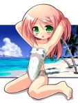  bare_shoulders barefoot beach casual_one-piece_swimsuit green_eyes long_hair miokuri momone_momo one-piece_swimsuit pink_hair sitting swimsuit utau wariza 