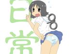  ass black_hair blush from_behind kage_kei looking_back nichijou open_mouth panties pantyshot pantyshot_(standing) school_uniform shinonome_nano solo standing sweatdrop underwear upskirt wind_lift winding_key 