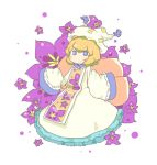  blonde_hair blue_eyes blush_stickers dress flower fox_ears fox_tail frilled_dress frills gown hat inishie multiple_tails simple_background sleeves_past_wrists smile tail tassel touhou yakumo_ran 