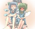  barefoot blue_hair blush bow cirno commentary commentary_request daiyousei faceless faceless_male gaoo_(frpjx283) green_hair hair_bow multiple_girls open_mouth short_hair side_ponytail sitting touhou wings 