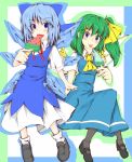  ascot blue_dress blue_eyes blue_hair blush bow cirno daiyousei dress fairy fang footwear green_hair hair_bow hair_ornament hairclip ice kuroi-neko long_hair open_mouth pantyhose popsicle ribbon shoes short_hair side_ponytail smile socks suika_bar tongue touhou watermelon_bar wings 