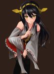  1girl black_hair detached_sleeves fujishiro_yuu hairband haruna_(kantai_collection) highres kantai_collection leaning_forward long_hair looking_at_viewer nontraditional_miko parted_lips pleated_skirt simple_background skirt smile solo tagme yellow_eyes 