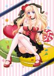  arm_support bare_shoulders blonde_hair blue_eyes blush breasts bustier candy choker cleavage collarbone elbow_gloves gloves heart high_heels large_breasts lingerie lollipop macaron macross macross_frontier panties pantyshot pantyshot_(sitting) pantyshot_sitting satou_(satottoro) sheryl_nome shoes sitting skirt solo star striped striped_background thigh-highs thighhighs underwear white_legwear 