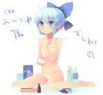  1girl barefoot blue_eyes blue_hair bow camisole cirno eating hair_bow lingerie panties shin_(new) sitting solo touhou underwear underwear_only wariza 