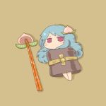  blush_stickers chibi chopsticks flat_gaze food food_as_clothes fruit hinanawi_tenshi inishie long_hair looking_at_viewer no_hat no_headwear on_back peach red_eyes shadow touhou 