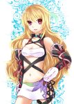  blonde_hair breasts choker cleavage gloves gradient_hair green_hair hand_on_hip hips long_hair milla_maxwell multicolored_hair navel red_eyes skirt solo tales_of_(series) tales_of_xillia two-tone_hair yayoi_(egoistic_realism) 