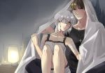  1boy 1girl bandages blanket brown_eyes brown_hair claudia_hortensia couple cross cross_necklace dress eyepatch fate/zero fate_(series) hetero husband_and_wife jewelry kotomine_kirei monchan19870113 necklace short_hair white_hair yellow_eyes 