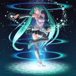  aqua_eyes aqua_hair detached_sleeves hatsune_miku henshin long_hair nail_polish necktie open_mouth outstretched_hand pointing skirt smile solo standing_on_one_leg thigh-highs thighhighs twintails very_long_hair vocaloid wokada wokada_(takouji) zettai_ryouiki 