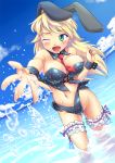  animal_ears bare_shoulders bikini blonde_hair blush bouncing_breasts breasts bunny_ears bustier cleavage cloud dutch_angle garters green_eyes hoshii_miki idolmaster large_breasts leg_garter legs lingerie maru_(sara_duke) navel necktie ocean open_mouth side-tie_bikini sky smile solo splash splashing submerged swimsuit thighs underwear wading water wink wrist_cuffs 