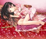  black_hair face feet hair_ornament hairclip japanese_clothes kimono long_hair on_side original petals red_eyes toes yuuki_rika 